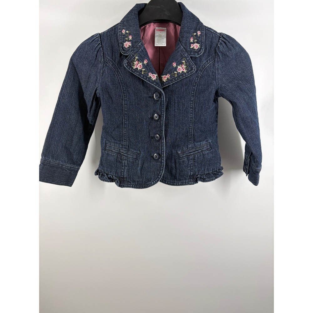 Vintage Gymboree Girls Dark Wash Denim Floral Embroidered‎ Ruffle Jacket